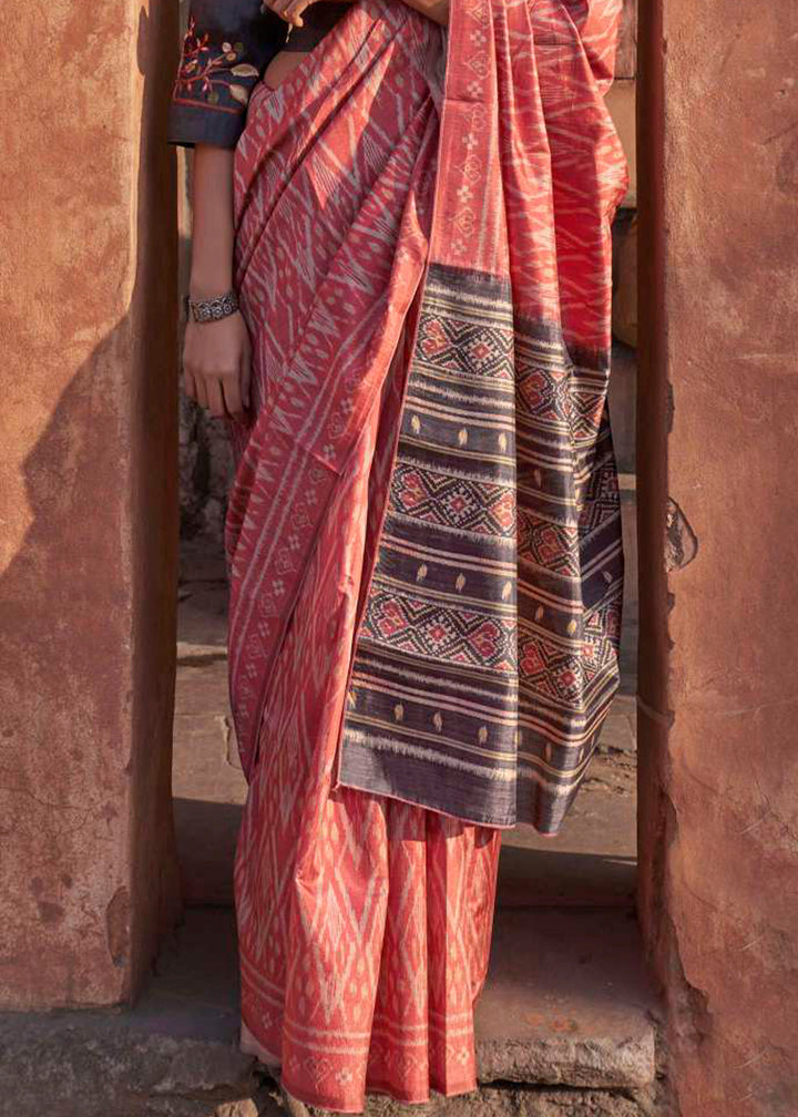 Persian Red Ikkat Silk Saree with Stunning Designer Embroidery Blouse