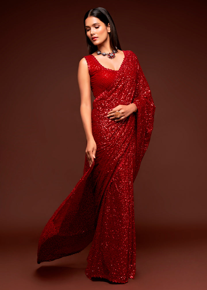 Scarlet Red Sequins Georgette Saree with Thread Embroidery