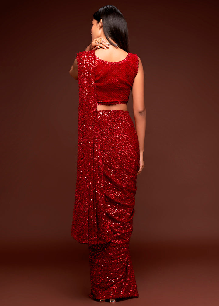 Scarlet Red Sequins Georgette Saree with Thread Embroidery