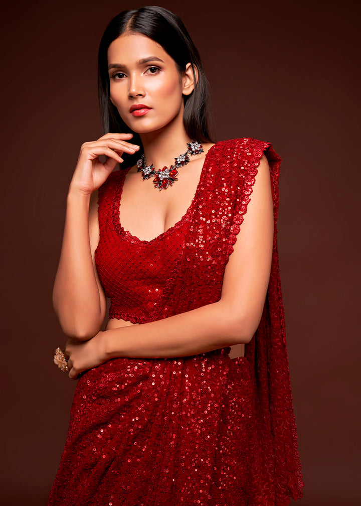 Scarlet Red Sequins Georgette Saree with Thread Embroidery