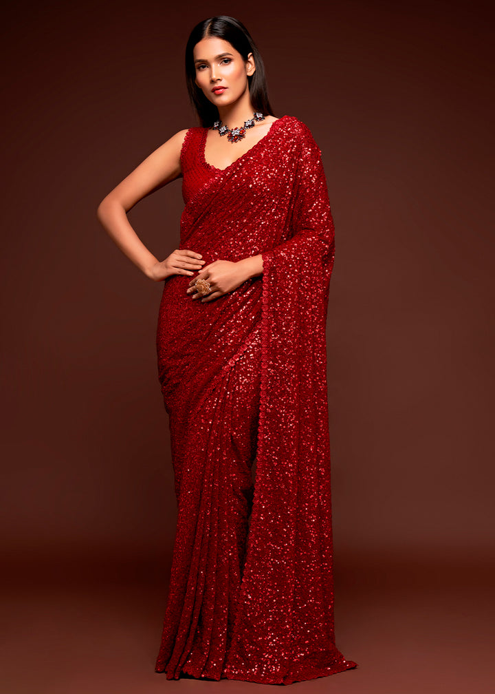 Scarlet Red Sequins Georgette Saree with Thread Embroidery