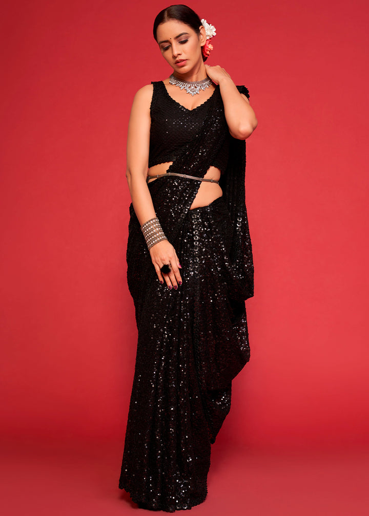 Midnight Black Sequins Georgette Saree with Thread Embroidery