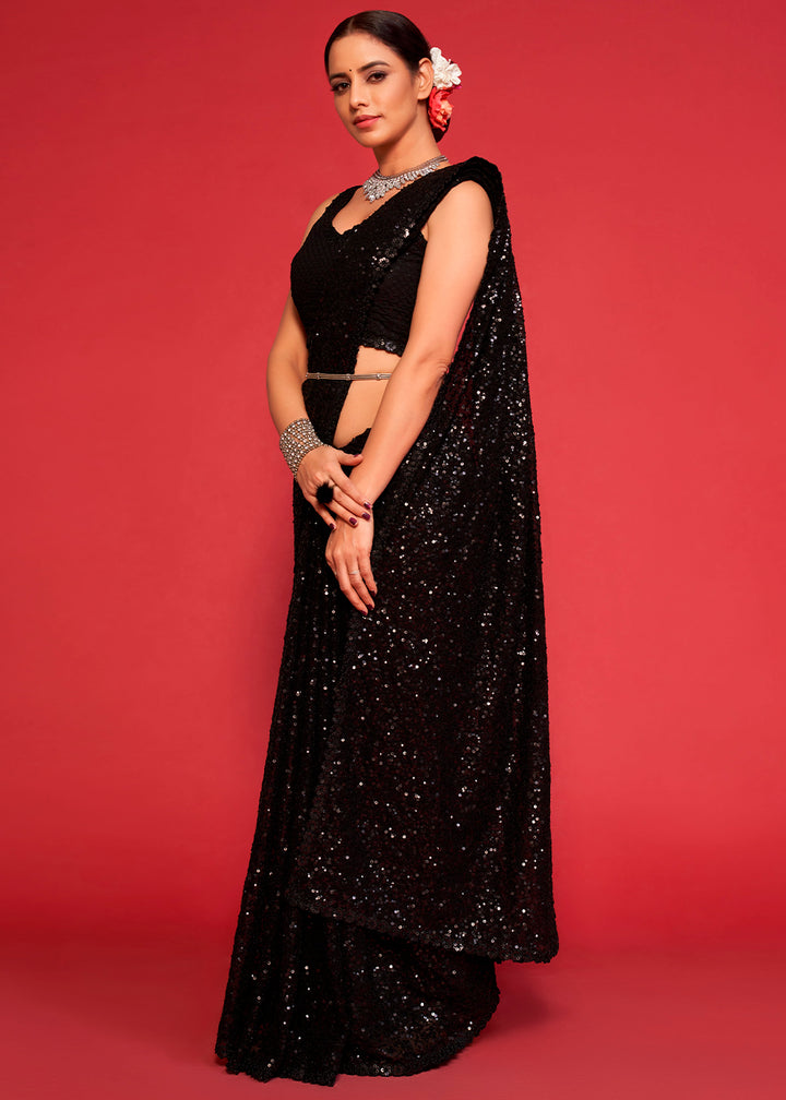 Midnight Black Sequins Georgette Saree with Thread Embroidery