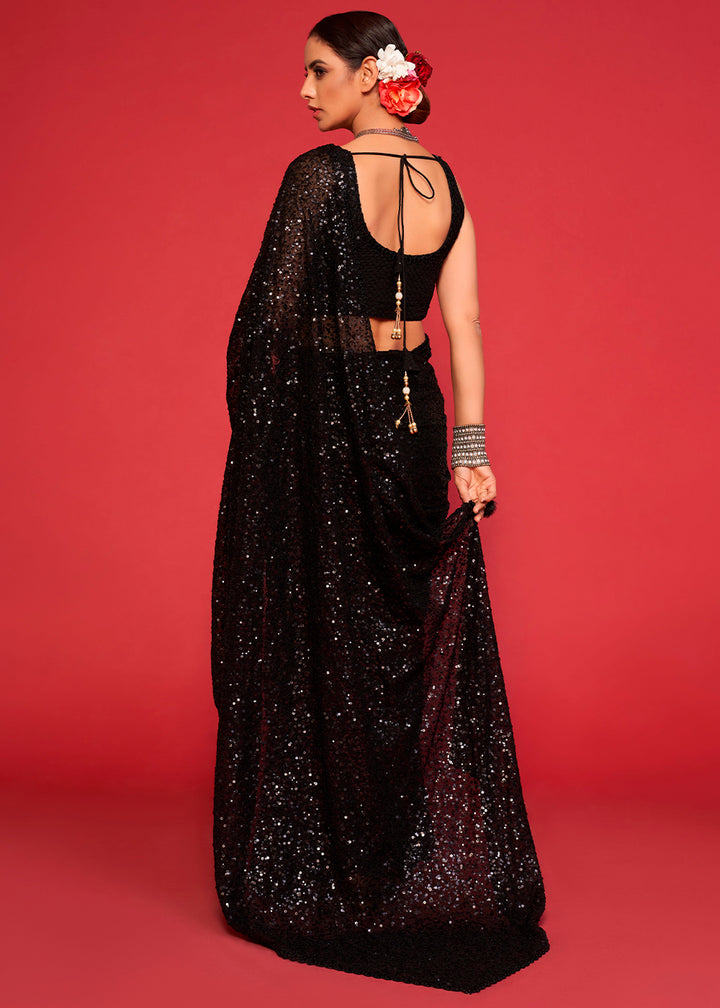Midnight Black Sequins Georgette Saree with Thread Embroidery