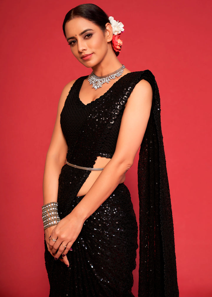 Midnight Black Sequins Georgette Saree with Thread Embroidery