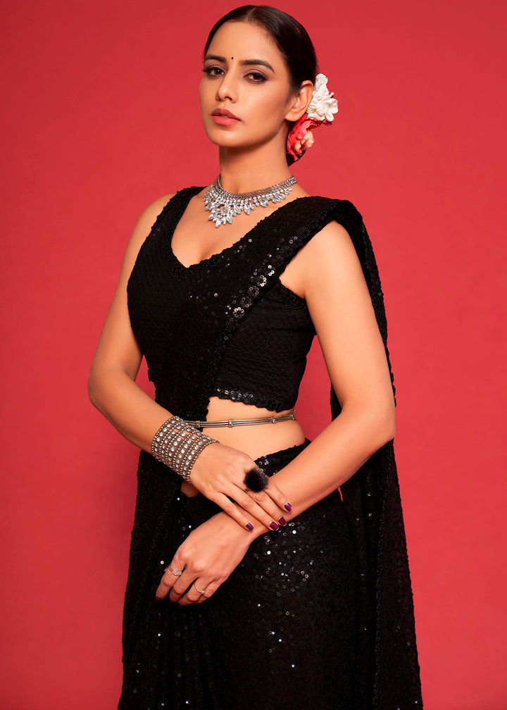 Midnight Black Sequins Georgette Saree with Thread Embroidery