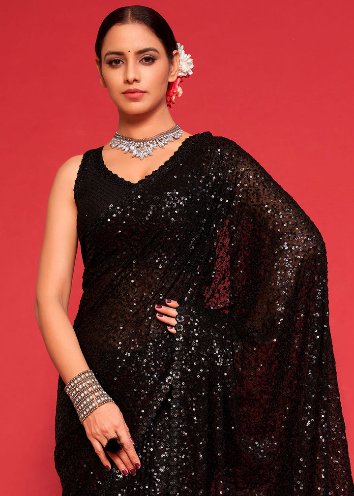 Midnight Black Sequins Georgette Saree with Thread Embroidery