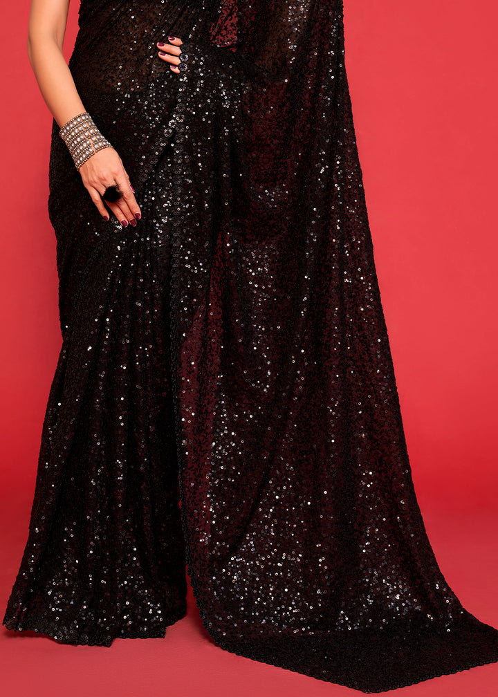 Midnight Black Sequins Georgette Saree with Thread Embroidery