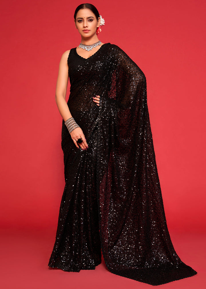 Midnight Black Sequins Georgette Saree with Thread Embroidery