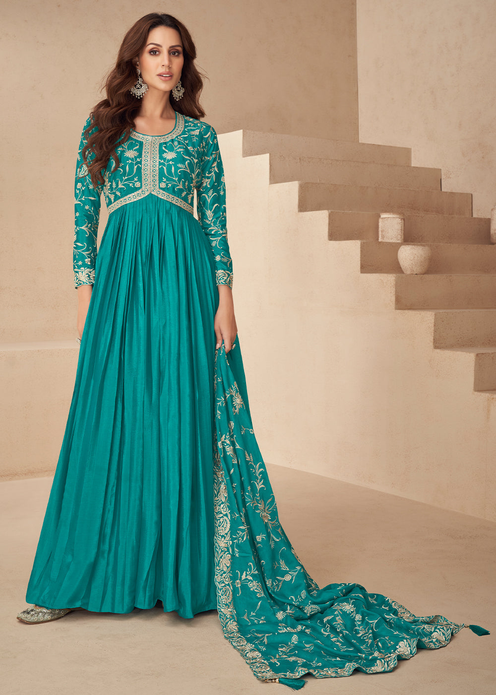 Bondi Blue Floral Embroidered Chinon Silk Anarkali Dress