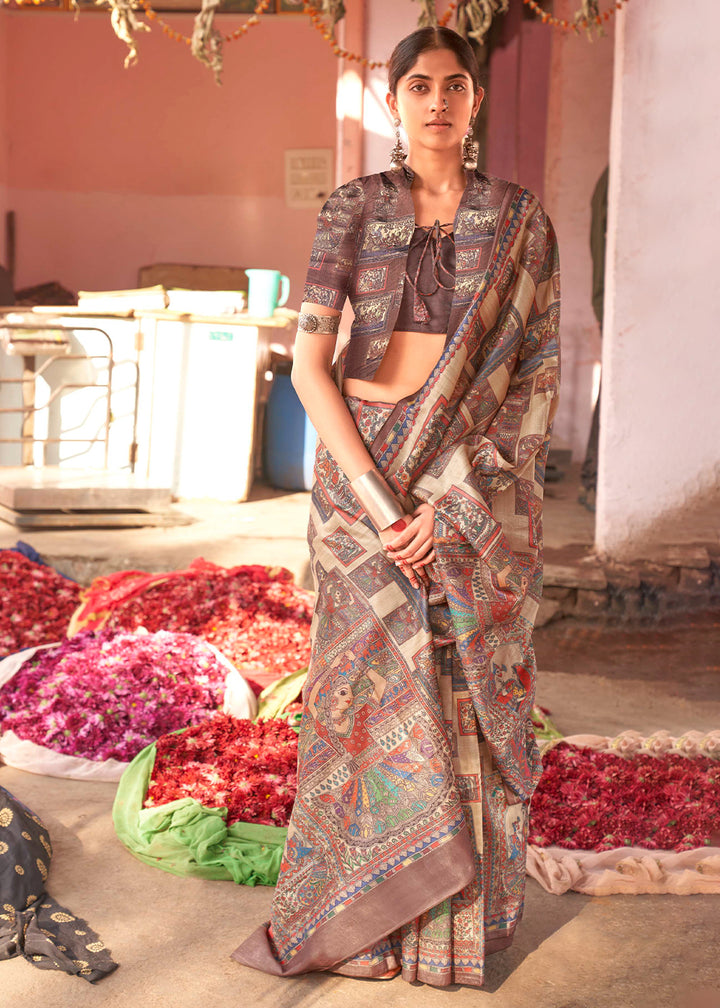 Shades of Brown Silk Saree Featuring Madhubani Art