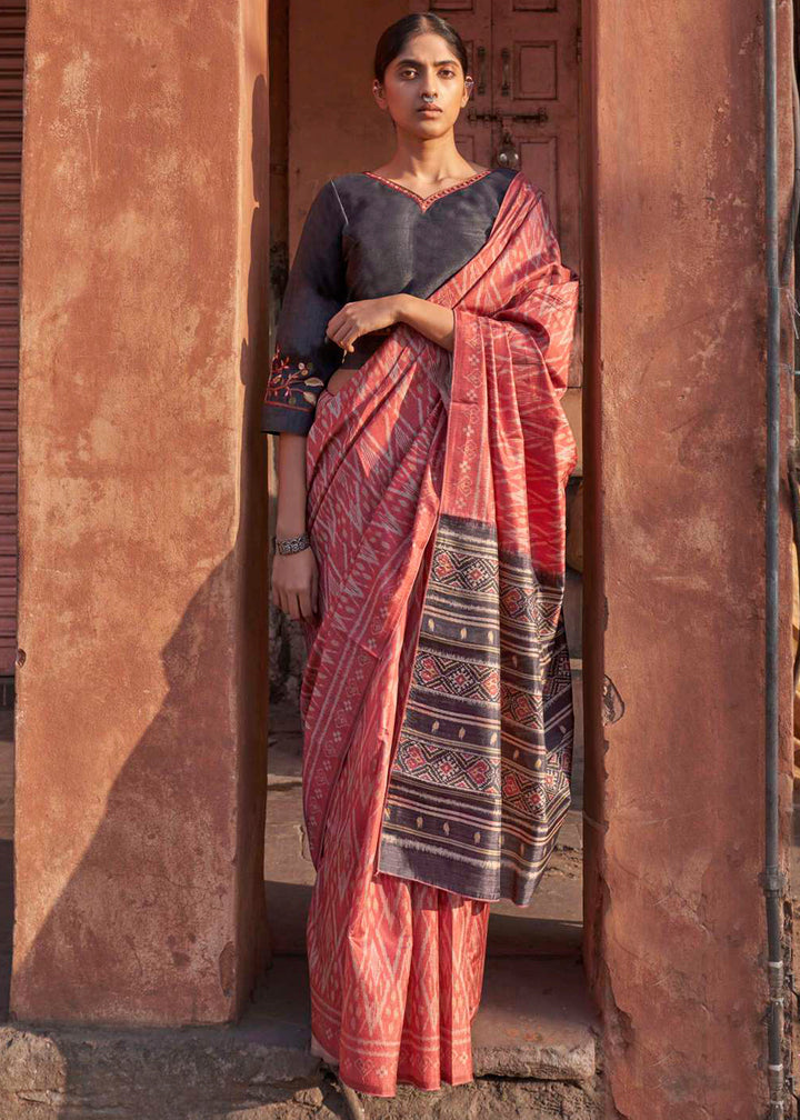 Persian Red Ikkat Silk Saree with Stunning Designer Embroidery Blouse