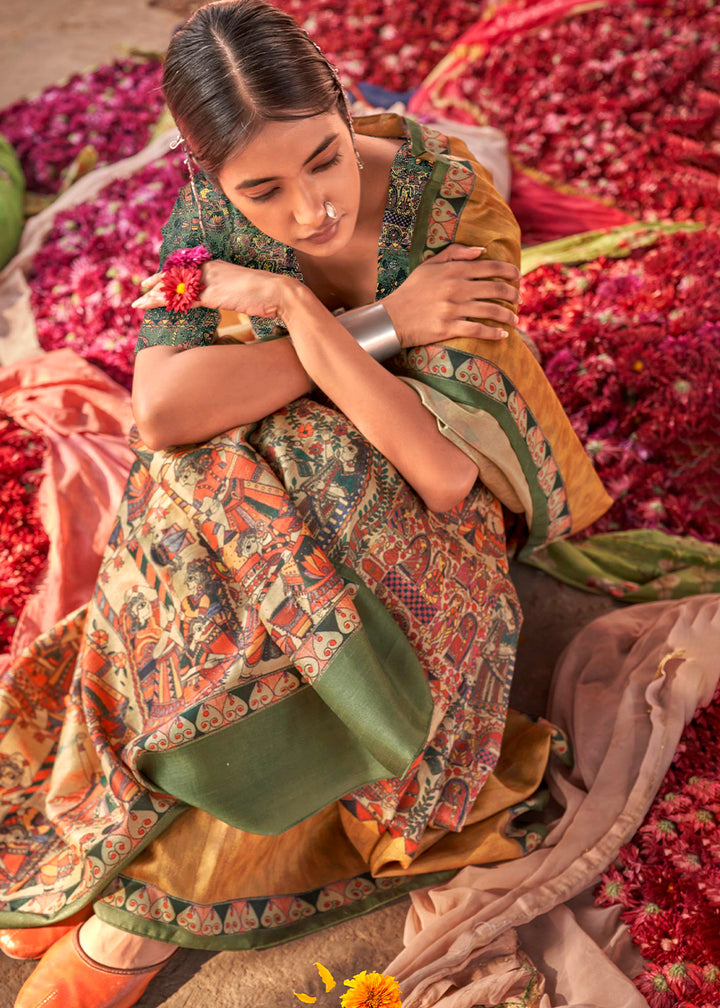 Yellow & Green Silk Saree Featuring Madhubani Art