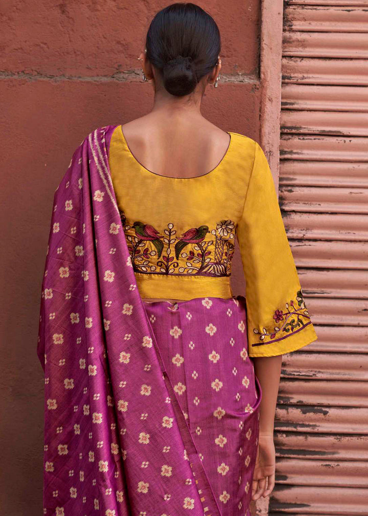 Mardi Gras Purple Ikkat Silk Saree with Stunning Designer Embroidery Blouse