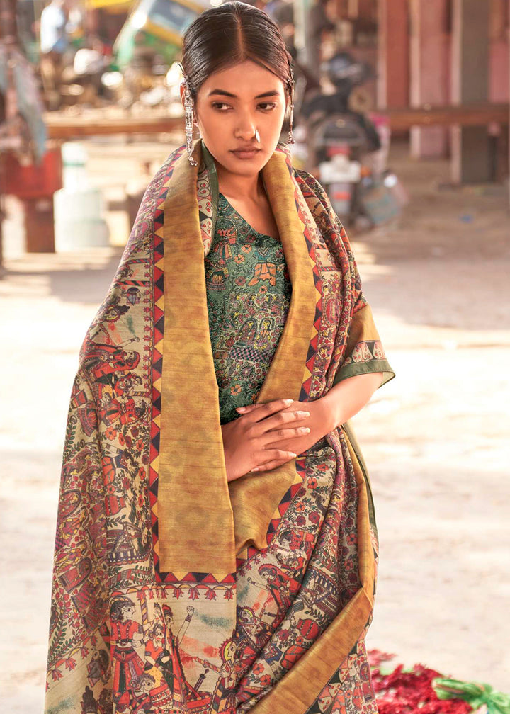 Yellow & Green Silk Saree Featuring Madhubani Art