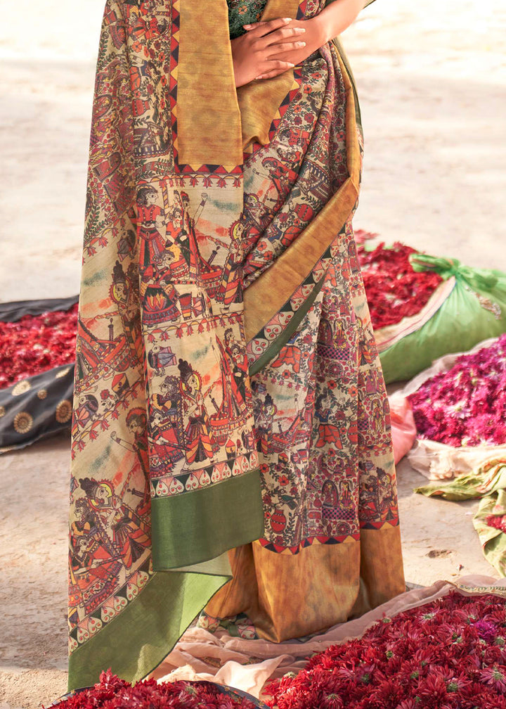 Yellow & Green Silk Saree Featuring Madhubani Art