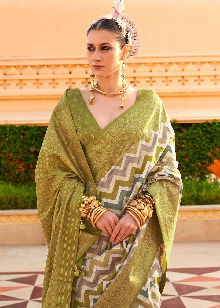 Olive Green Silk Foil Print Saree with Aqua Finish & Zari Weaving