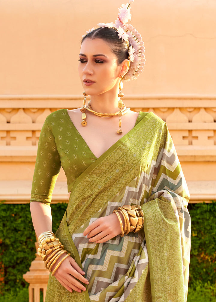 Olive Green Silk Foil Print Saree with Aqua Finish & Zari Weaving