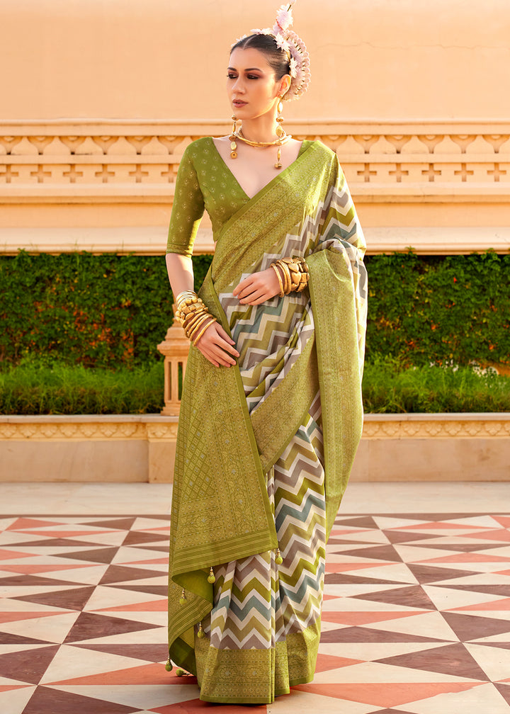 Olive Green Silk Foil Print Saree with Aqua Finish & Zari Weaving