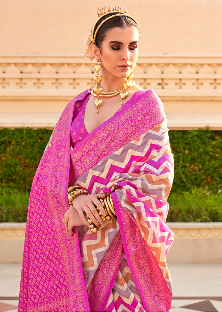 Shocking Pink Silk Foil Print Saree with Aqua Finish & Zari Weaving