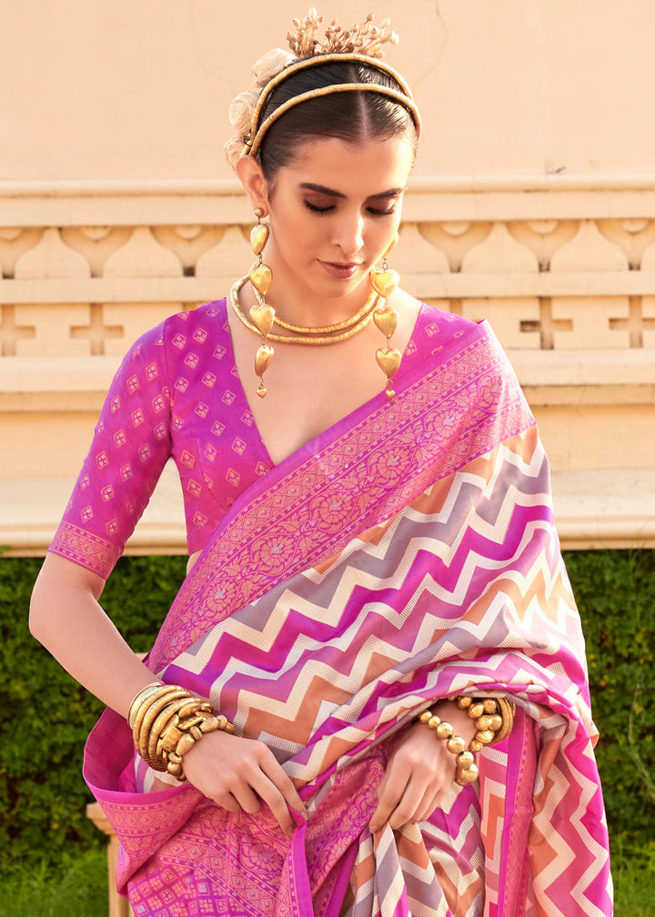 Shocking Pink Silk Foil Print Saree with Aqua Finish & Zari Weaving