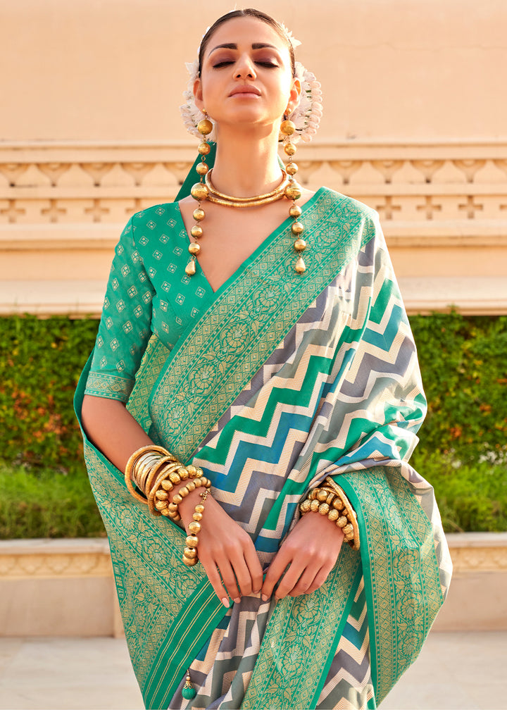 Persian Green Silk Foil Print Saree with Aqua Finish & Zari Weaving