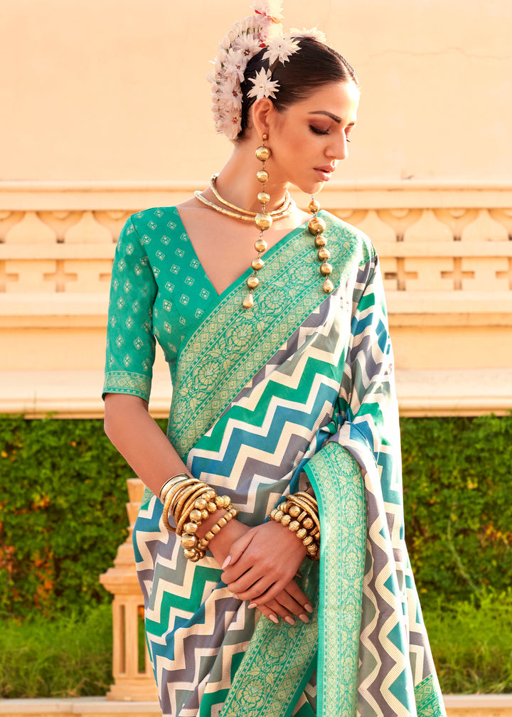 Persian Green Silk Foil Print Saree with Aqua Finish & Zari Weaving