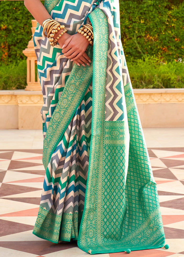 Persian Green Silk Foil Print Saree with Aqua Finish & Zari Weaving