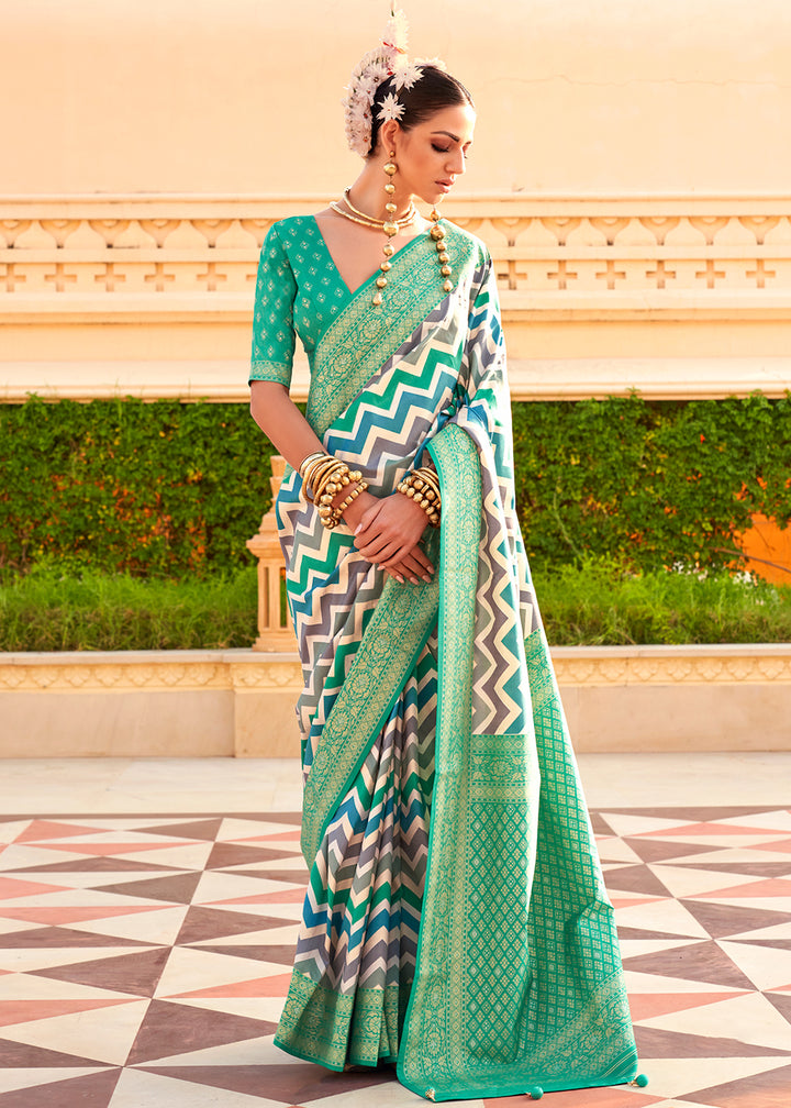 Persian Green Silk Foil Print Saree with Aqua Finish & Zari Weaving