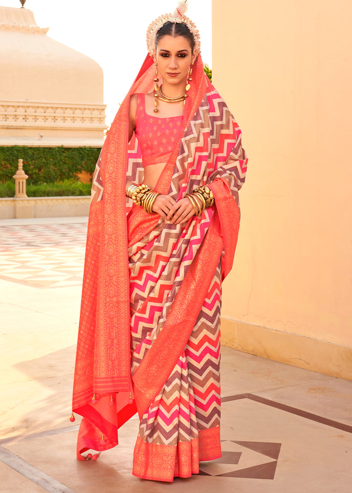 Bright Orangish Pink Silk Foil Print Saree with Aqua Finish & Zari Weaving