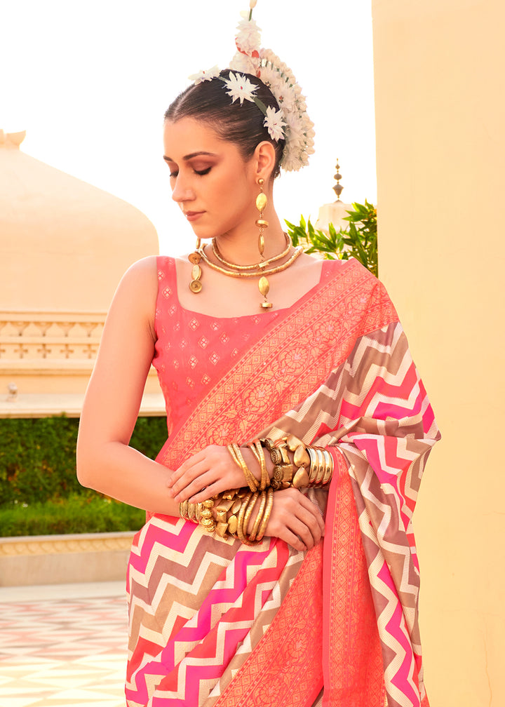 Bright Orangish Pink Silk Foil Print Saree with Aqua Finish & Zari Weaving