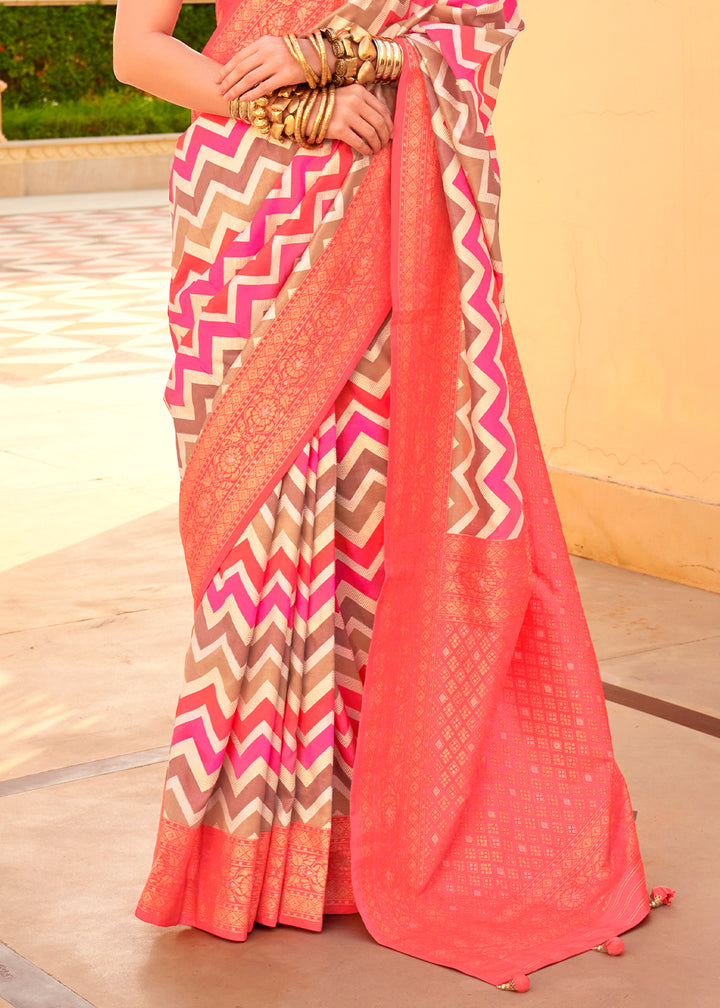 Bright Orangish Pink Silk Foil Print Saree with Aqua Finish & Zari Weaving