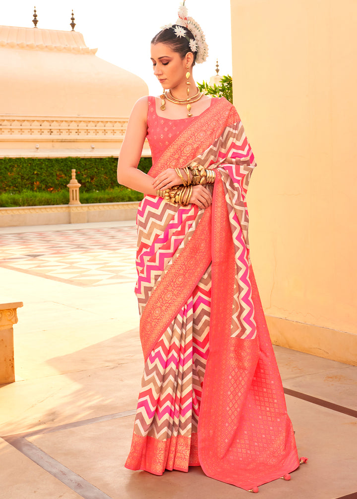 Bright Orangish Pink Silk Foil Print Saree with Aqua Finish & Zari Weaving