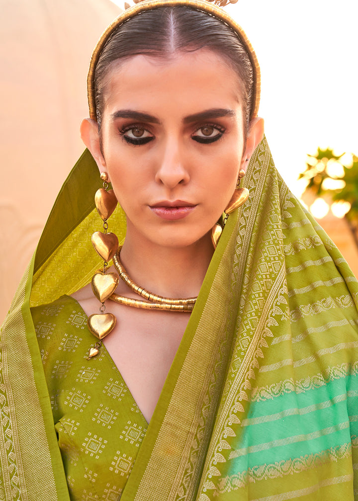 Avocado Green Silk Foil Print Saree with Aqua Finish & Zari Weaving