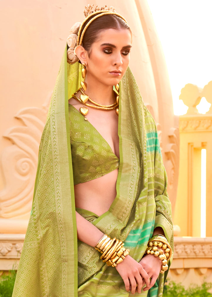 Avocado Green Silk Foil Print Saree with Aqua Finish & Zari Weaving