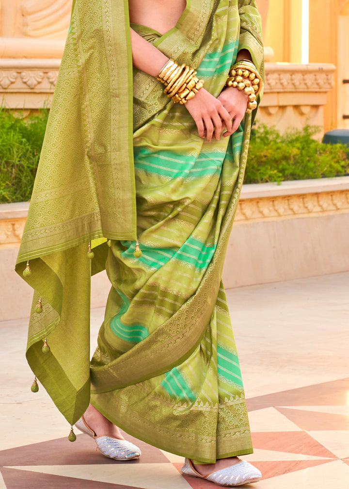 Avocado Green Silk Foil Print Saree with Aqua Finish & Zari Weaving