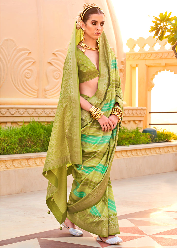 Avocado Green Silk Foil Print Saree with Aqua Finish & Zari Weaving