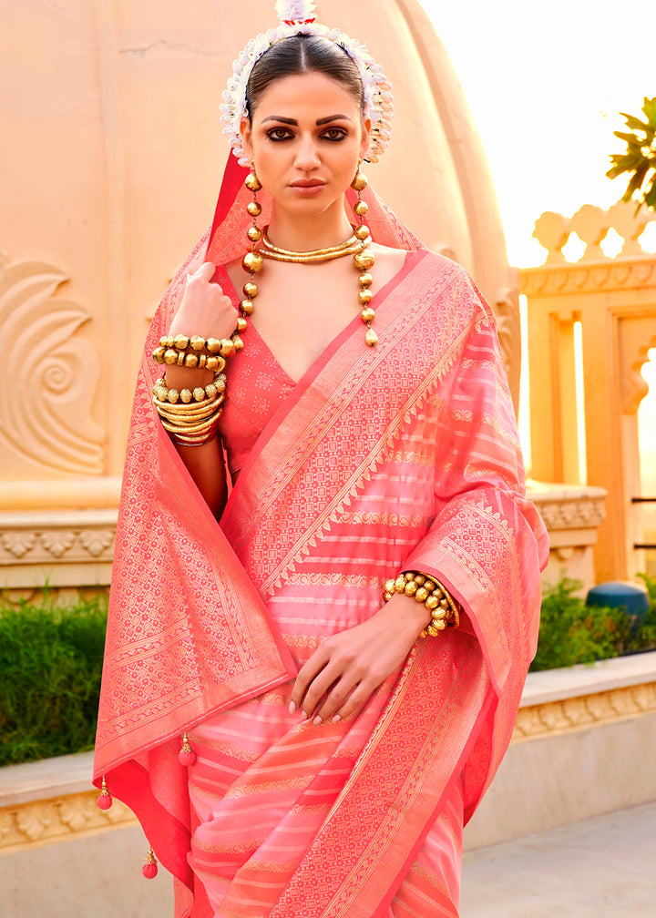 Shades Of Pink Silk Foil Print Saree with Aqua Finish & Zari Weaving