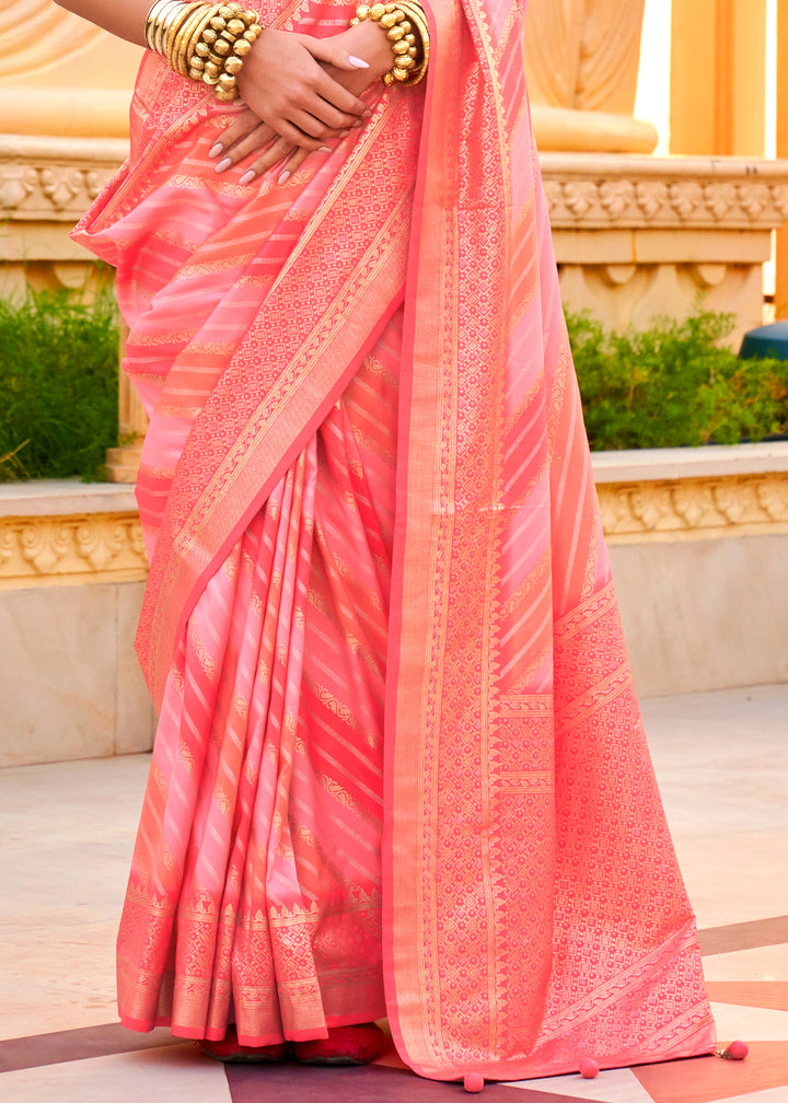Shades Of Pink Silk Foil Print Saree with Aqua Finish & Zari Weaving