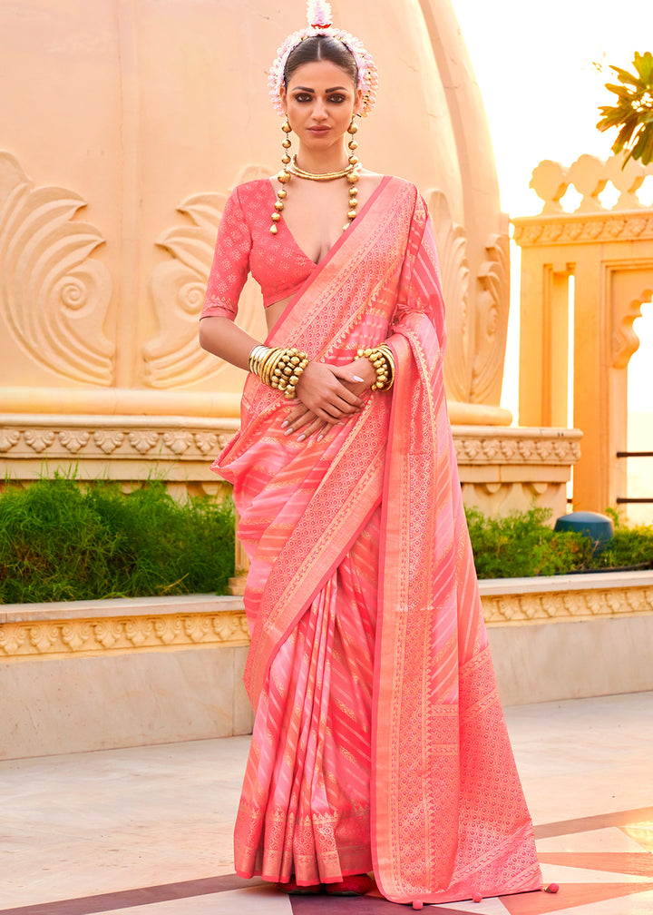 Shades Of Pink Silk Foil Print Saree with Aqua Finish & Zari Weaving