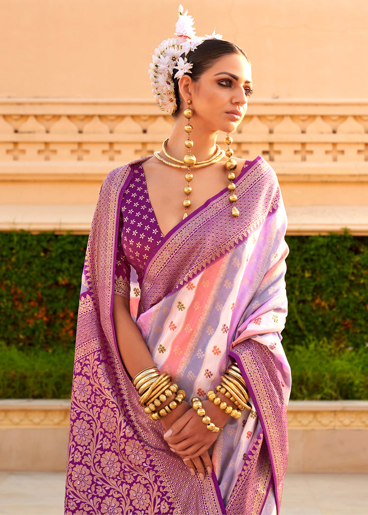 Mardi Gras Purple Silk Foil Print Saree with Aqua Finish & Zari Weaving
