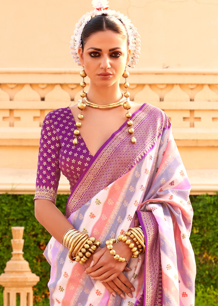 Mardi Gras Purple Silk Foil Print Saree with Aqua Finish & Zari Weaving