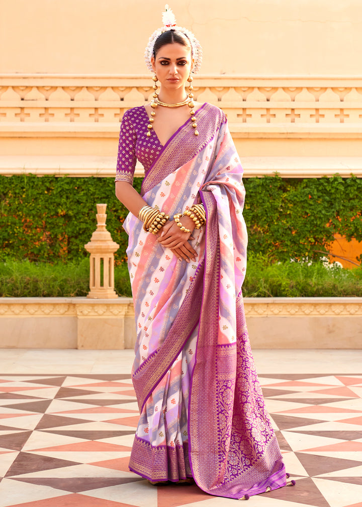 Mardi Gras Purple Silk Foil Print Saree with Aqua Finish & Zari Weaving
