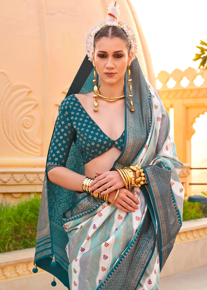 Prussian Blue Silk Foil Print Saree with Aqua Finish & Zari Weaving