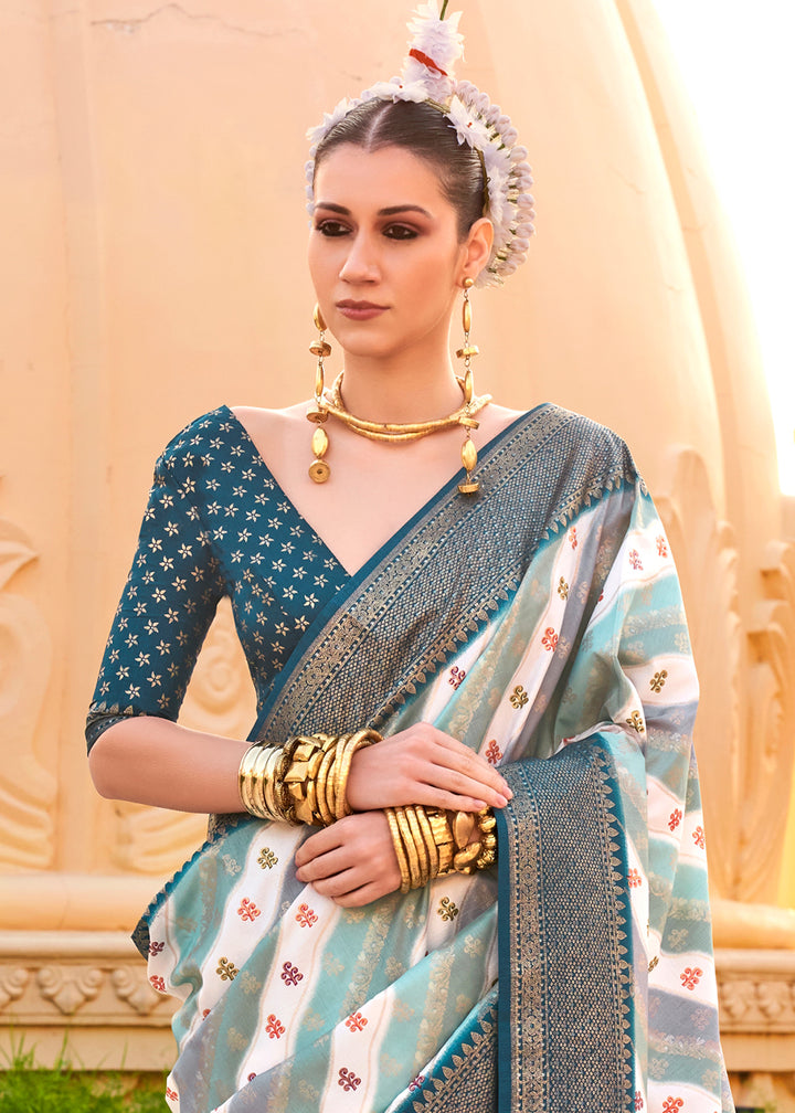 Prussian Blue Silk Foil Print Saree with Aqua Finish & Zari Weaving