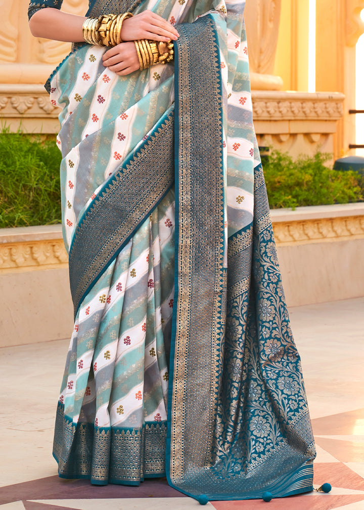 Prussian Blue Silk Foil Print Saree with Aqua Finish & Zari Weaving