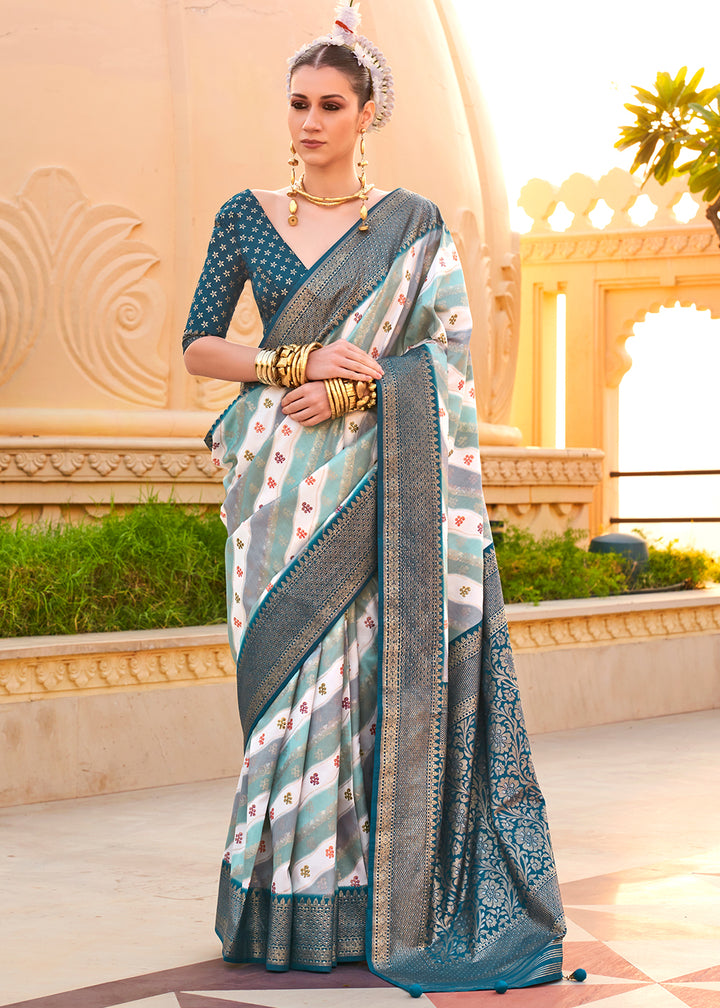 Prussian Blue Silk Foil Print Saree with Aqua Finish & Zari Weaving