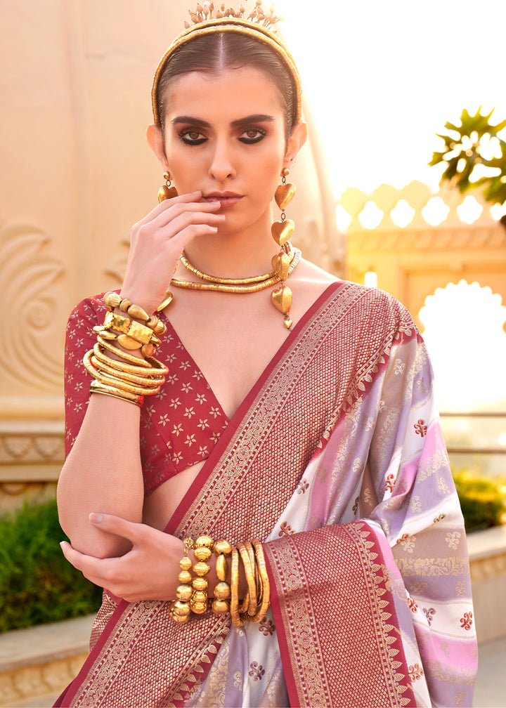 Turkey Red Silk Foil Print Saree with Aqua Finish & Zari Weaving