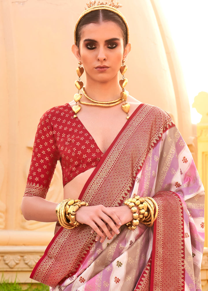 Turkey Red Silk Foil Print Saree with Aqua Finish & Zari Weaving