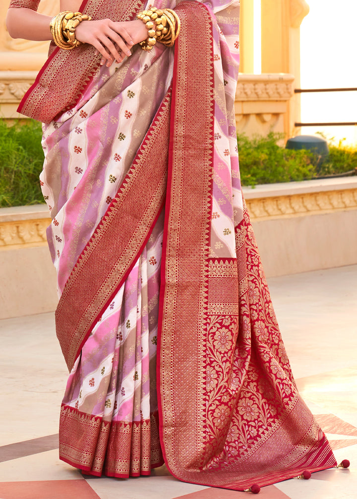 Turkey Red Silk Foil Print Saree with Aqua Finish & Zari Weaving